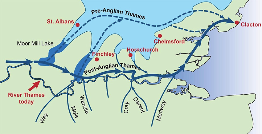 The diversion of the River Thames by the Anglian Ice Sheet (by Dee McLean, after Bridgland & Gibbons, 1997).