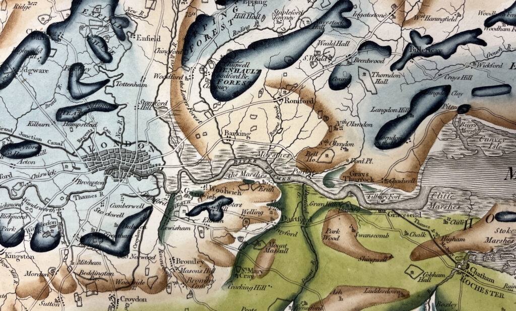 Detail of William Smith's Geological Map of England showing London. Blue is London Clay, brown depicts Palaeocene strata and green is the Chalk