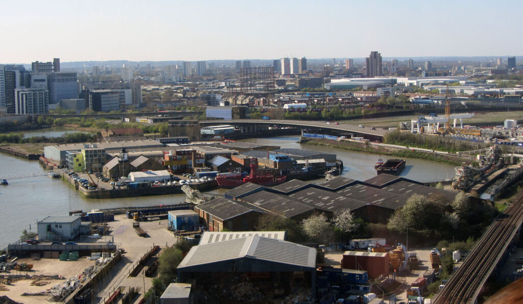 A view of Trinity Buoy Wharf and the confluence of the River Lea with the Thames